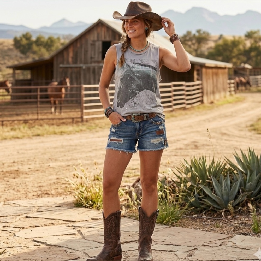 Distressed Paint Sleeveless Horse Graphic Tank Top Muscle Tee S Pale Blue Gray